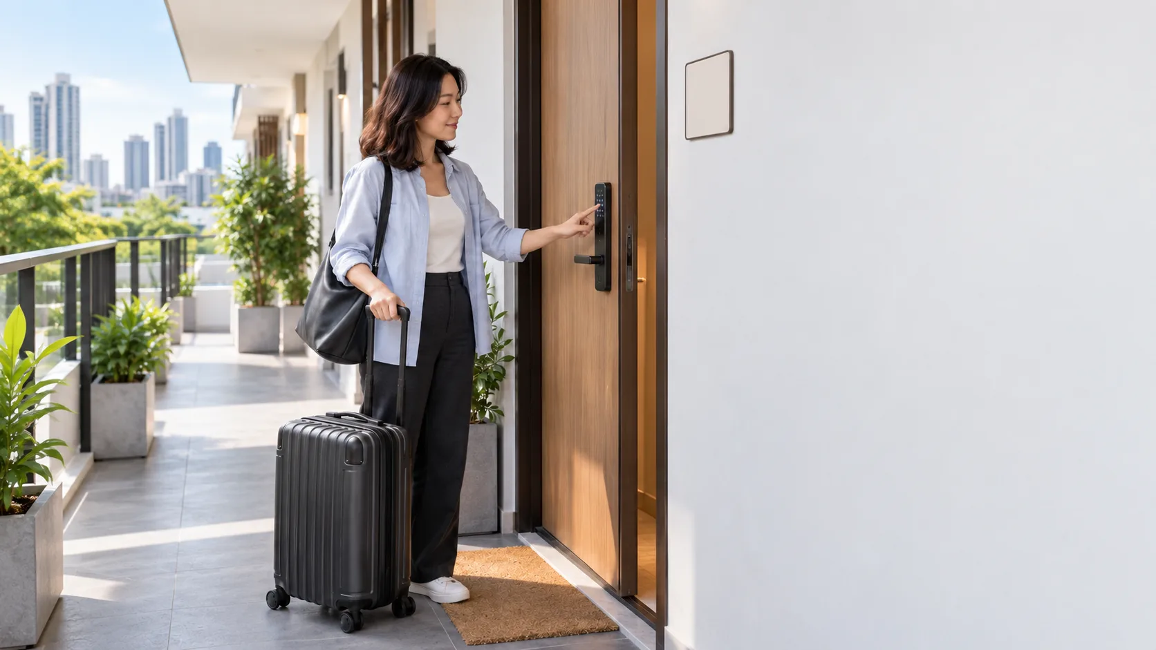 ผู้เช่าใช้ PIN เปิด Smart Lock และเข้าห้องพร้อมกระเป๋าเดินทาง